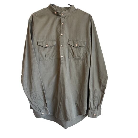 Zara Man XL Slim Fit Shirt Mock Neck Collar Chest Pocket Olive Green Half Button - Picture 1 of 7